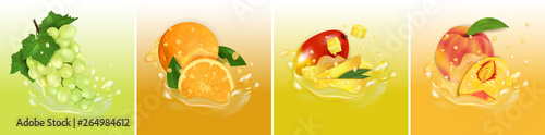 Fruit juice splash. Set fresh Mango, Orange, Peach and Grape 3d realistic vector illustration. Package design or poster.