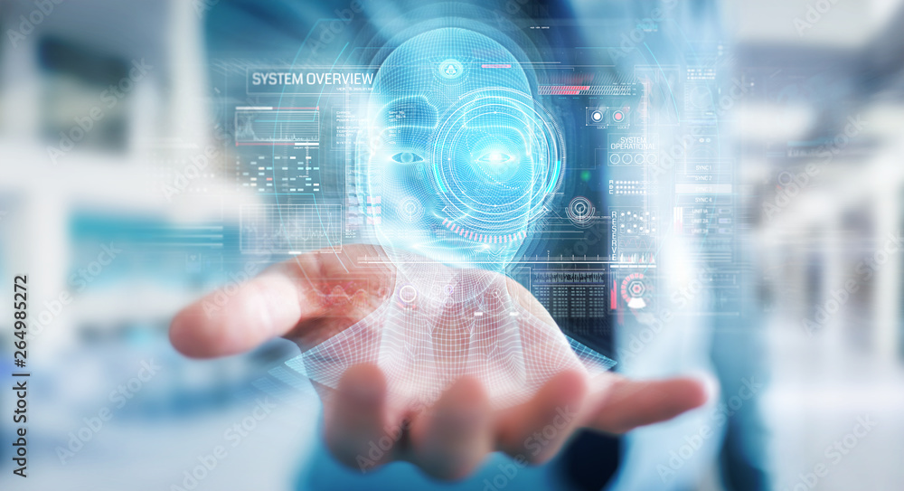 Businessman using digital artificial intelligence head interface 3D rendering Businessman using digital artificial intelligence head interface 3D rendering