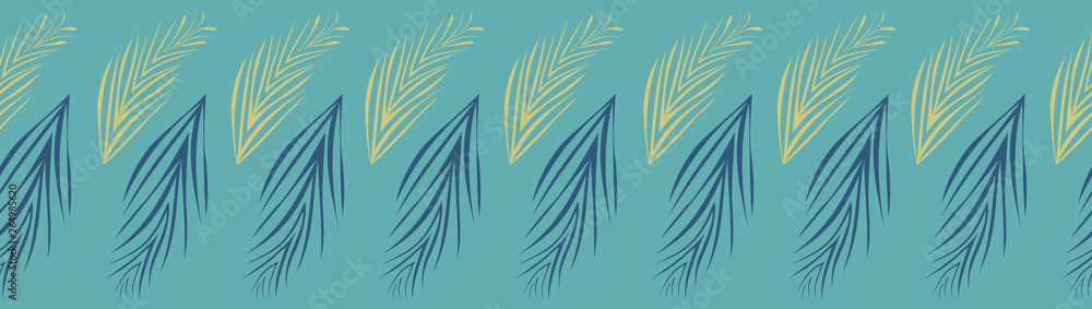 Seamless tropical palm fronds sway gently in this seamless repeat border pattern. For stationery and invitation borders, textile edging, resort flyers, beach weddings and celebrations. Vector.
