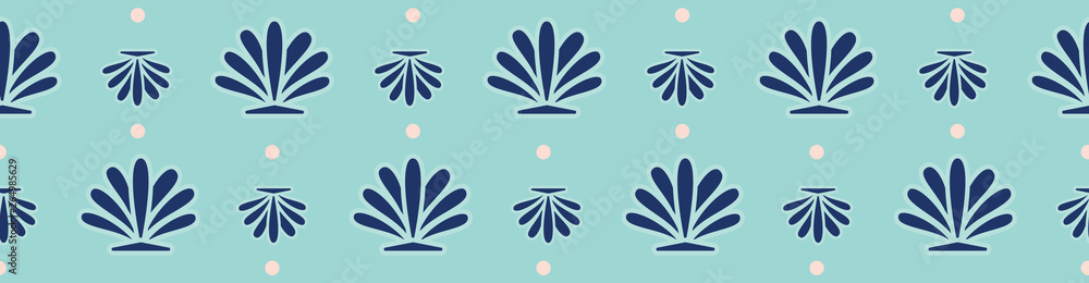 Scallop shell seamless border design in cool blue, turquoise and green. Horizontal repeat vector for tile edging, beach house decor, ribbon, banners, swimwear trim and graphic design uses. Scallop shell seamless border design in cool blue, turquoise and green. Horizontal repeat vector for tile edging, beach house decor, ribbon, banners, swimwear trim and graphic design uses.