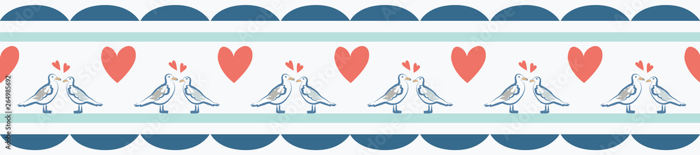 Modern seagulls with hearts border pattern and nautical flair. Perfect for romantic journeys and celebrations Promote your seaside cottage or cruise as a wedding or engagement trip destination. Modern seagulls with hearts border pattern and nautical flair. Perfect for romantic journeys and celebrations Promote your seaside cottage or cruise as a wedding or engagement trip destination.