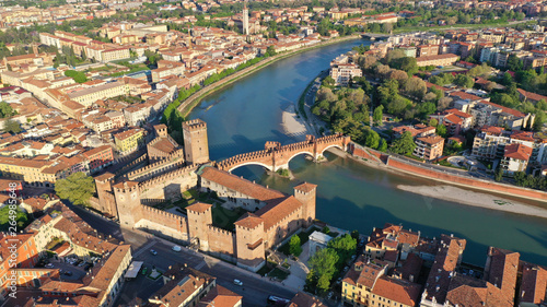 Aerial drone photo from iconic fortified medieval castle and bridge of Castelvecchio used as a museum, Verona, Italy
