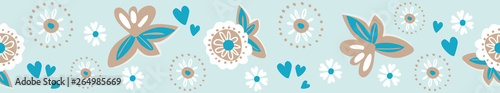 Modern, romantic floral seamless border, perfect for textile and fashion designs, ribbon and wedding decorations. Soft turquoise with white, teal and brown. Lovely for beach weddings trims.
