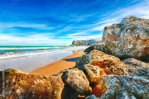 Fototapeta Naklejka Na Ścianę i Meble -  Picturesque Peschici with wide sandy beach in Puglia, adriatic coast of Italy.