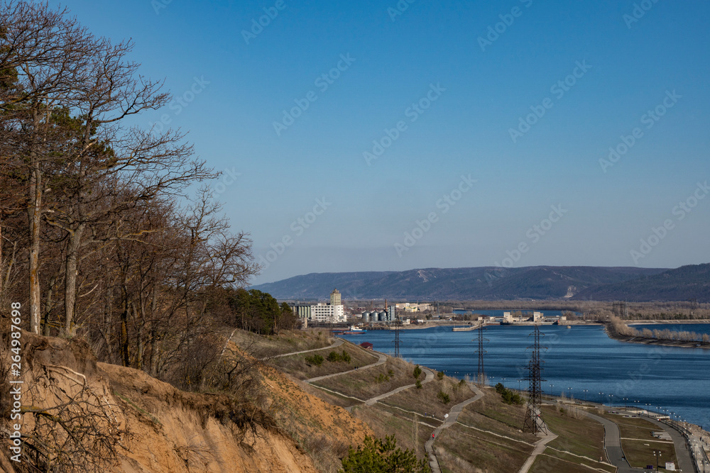 walk, nature, space, distance, mountains, spring, Sunny, day, blue, sky, trees, cliff, river, water, port, buildings, walking, paths, promenade, recreation