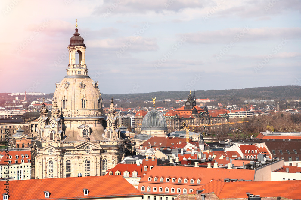 Top view over roof to Frauenkirche in Dresden city