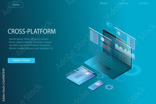 Web development and coding. Cross platform development website. Adaptive layout internet page or web interface on screen laptop, tablet and phone. Isometric concept illustration.