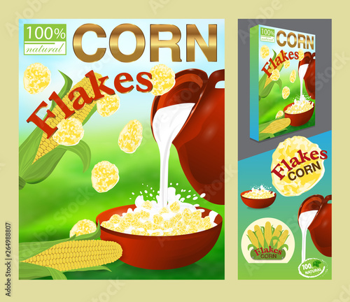 Packaging design or ads Corn flakes. Template package box for products 3d illustration. Milk pouring from the jug a plate, nature background. Elements design vector