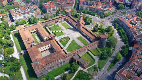 Aerial drone photo of iconic medieval Castle of Sforza or Castello Sforzesco and beautiful Sempione park in the heart of Milan, Lombardy, Italy