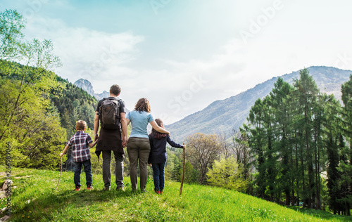 family on a green meadow looking at the mountain panorama