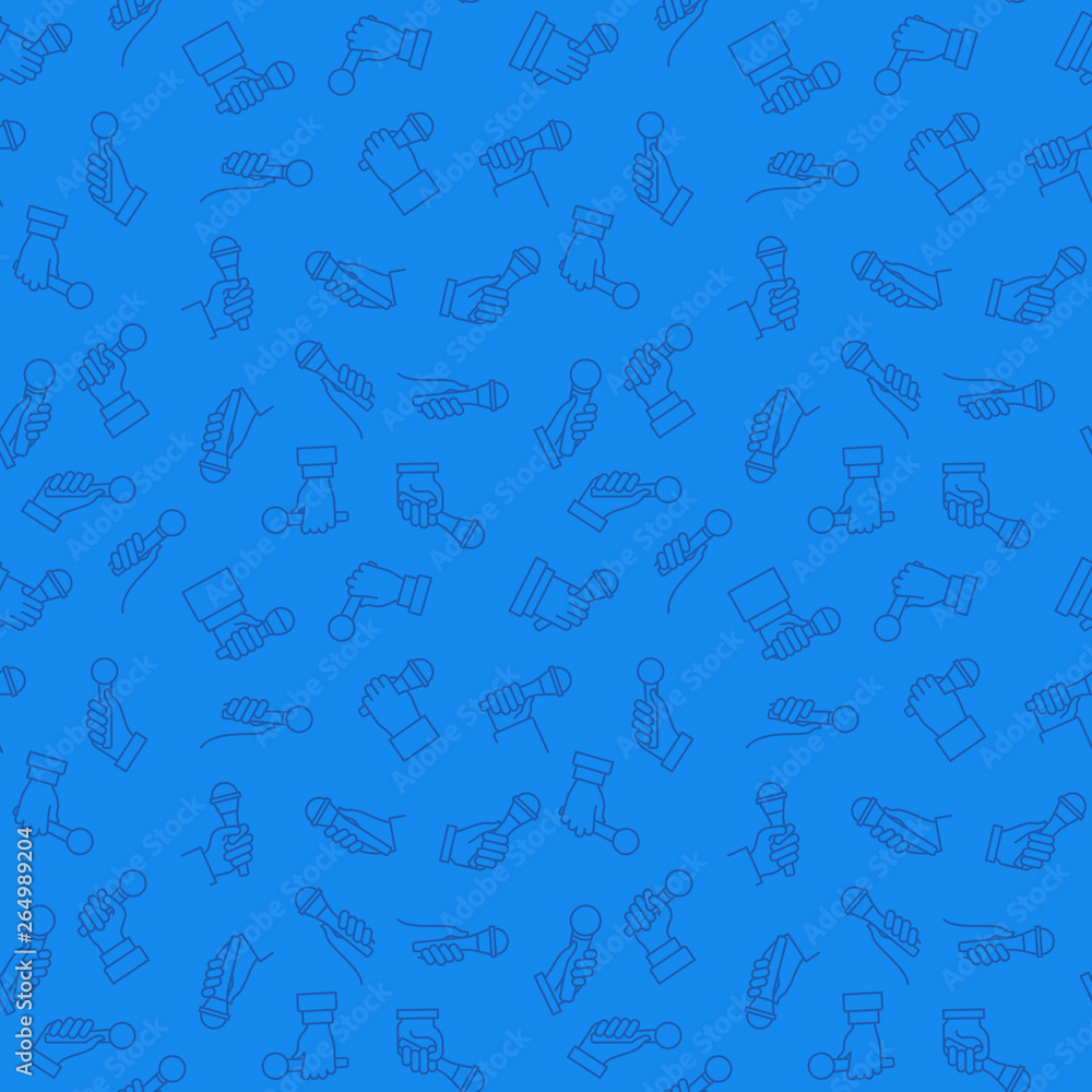Hand with microphone linear vector blue concept seamless pattern or background Hand with microphone linear vector blue concept seamless pattern or background