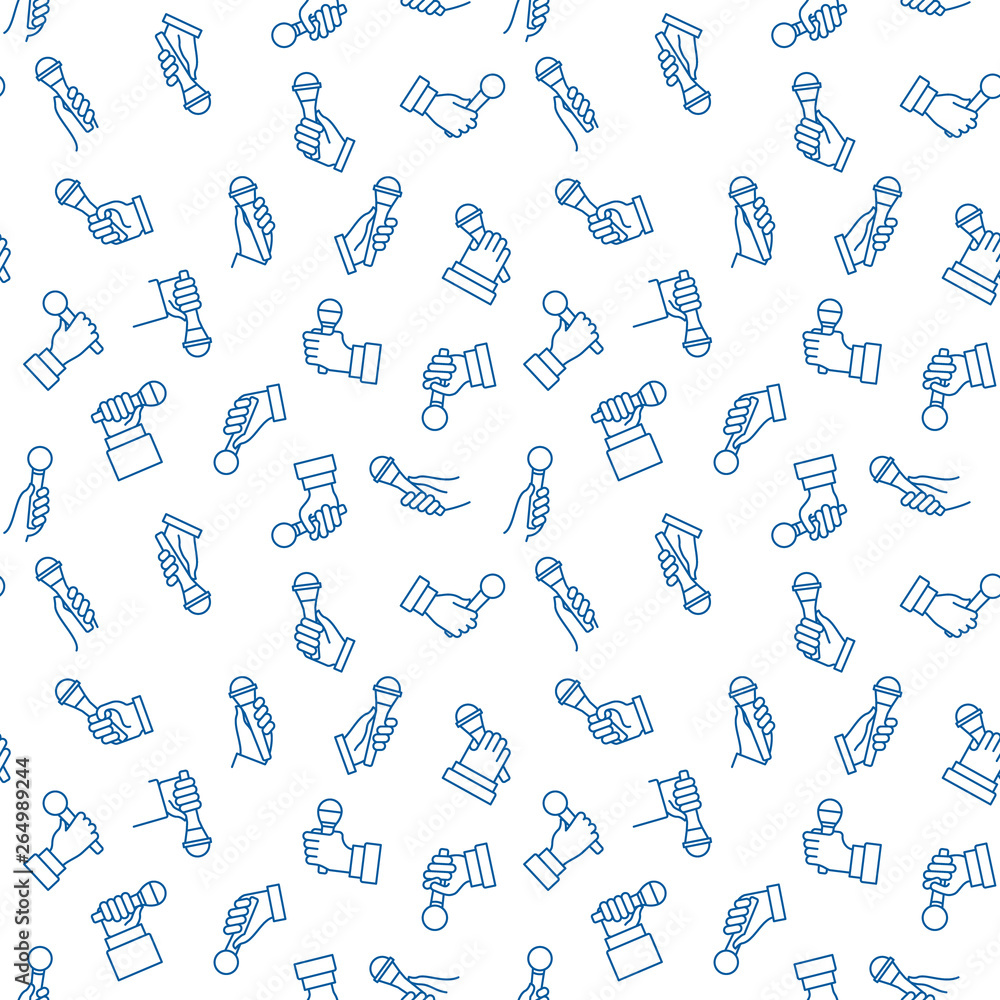 Seamless Pattern with vector Mic in Hand blue outline icons Seamless Pattern with vector Mic in Hand blue outline icons