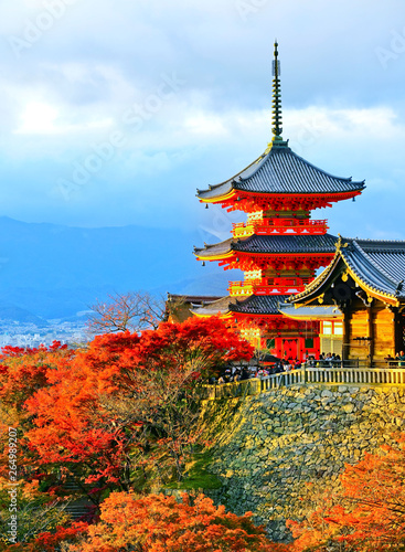 View of the Kiyomizu-dera Temple on a sunny day in autumn in Kyoto, Japan.