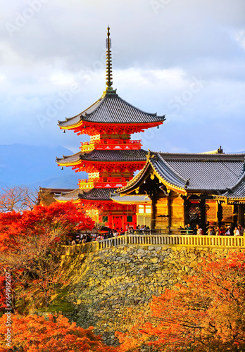 View of the Kiyomizu-dera Temple on a sunny day in autumn in Kyoto, Japan.