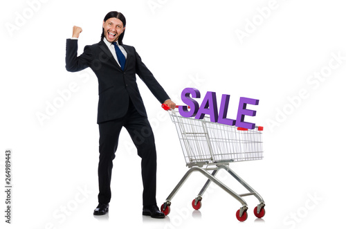 Man in sale and discount shopping concept