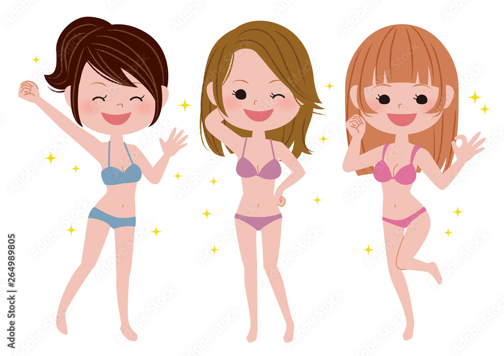 水着ではしゃぐ女性3人組 水着ではしゃぐ女性3人組