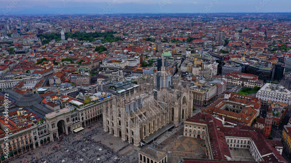 Aerial drone photo of iconic Cathedral and square of Duomo one of the biggest in the world, Milan, Lombardy, Italy
