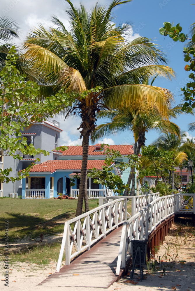 Palmiers et passerelle en bois blanc,  hôtel en arrière plan, ville de Trinidad, Cuba, Caraïbes