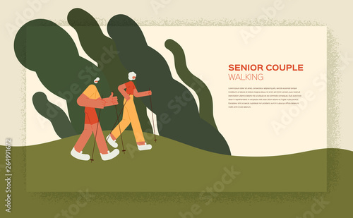 Senior couple walking with trekking poles in the park - Old people activities - flat design best for web animation