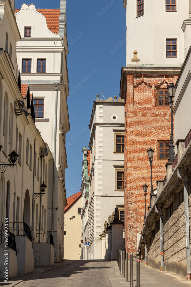 Historical city views with churches, castles and other old buildings at blue sky, Poland, Szczecin