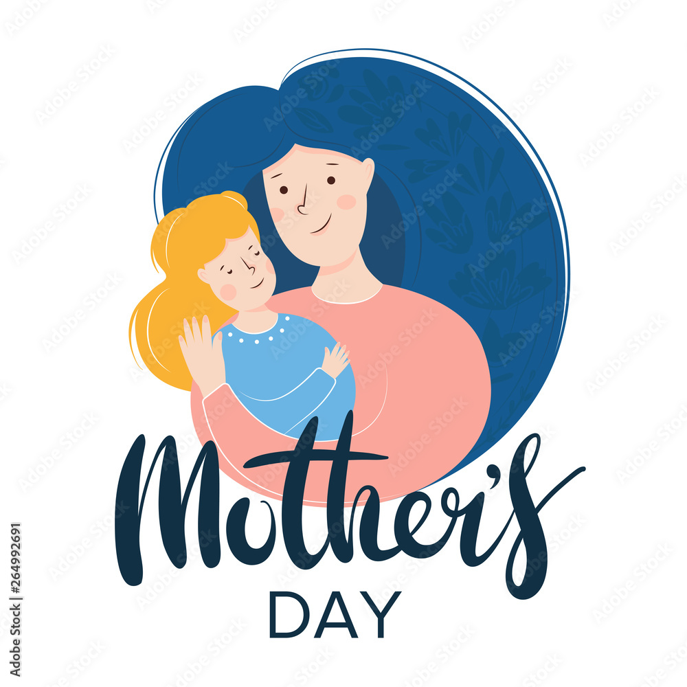Mother and daughter hugging. Mother's day card about mother's love and card. Vector flat illustration Mother and daughter hugging. Mother's day card about mother's love and card. Vector flat illustration