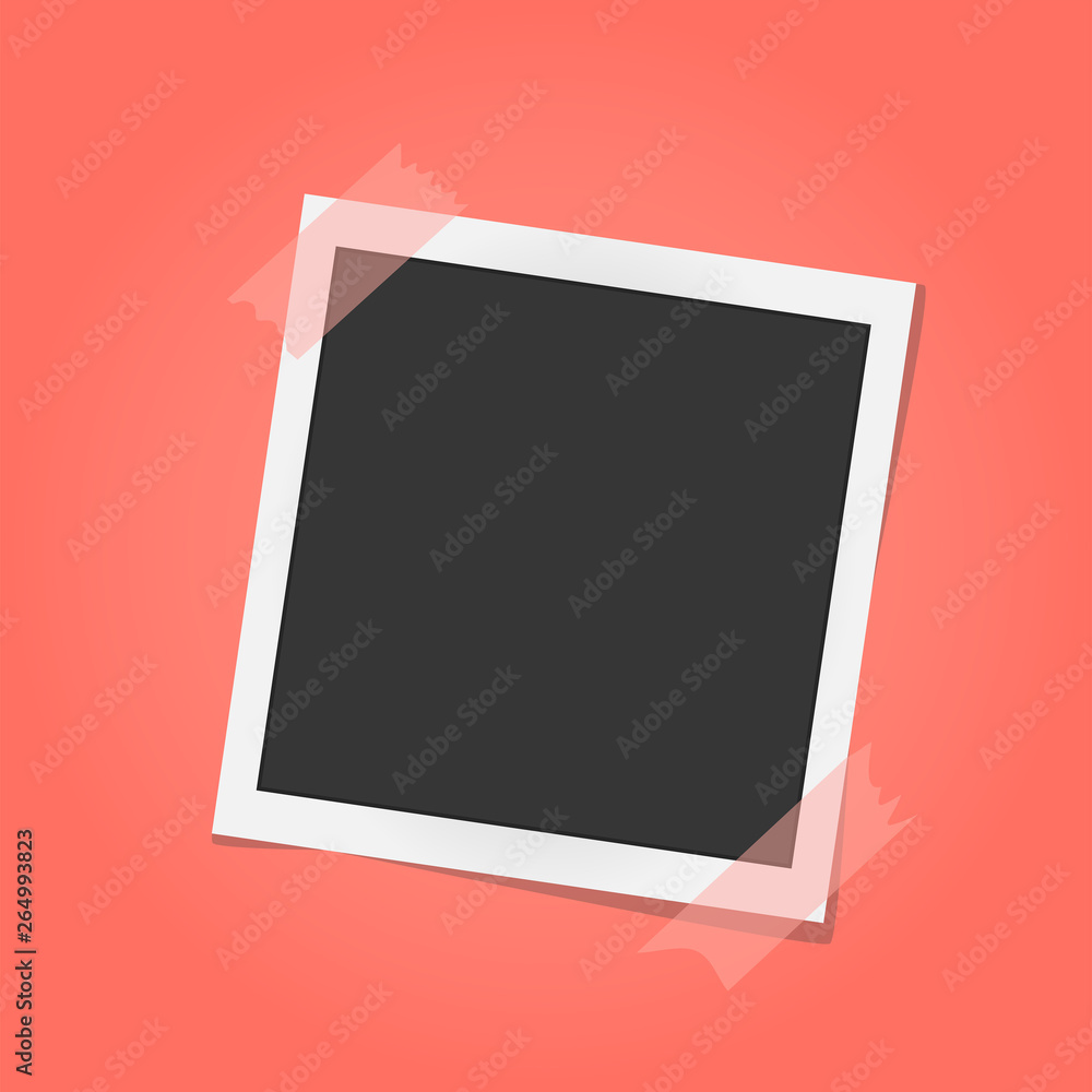 Square frame template on sticky tape with shadows isolated. Living coral - color of 2019 year. Memories concept in modern style. Vector illustration Square frame template on sticky tape with shadows isolated. Living coral - color of 2019 year. Memories concept in modern style. Vector illustration