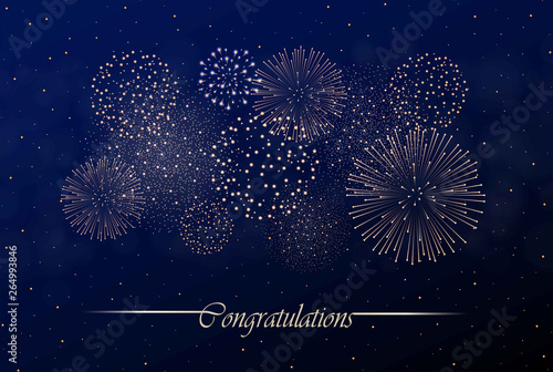 Big realistic firework show on night sky background. Independence day concept. Congratulations background. Luxury abstract. Explosion concept. Galaxy show. Vector illustration