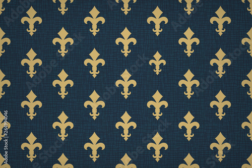 Vintage luxury Fleur-de-lis seamless royal background. France historic  ornamental pattern with heraldic symbol fleur-de-lis. Blue and gold style immaculate virgin symbolics. Vector illustration