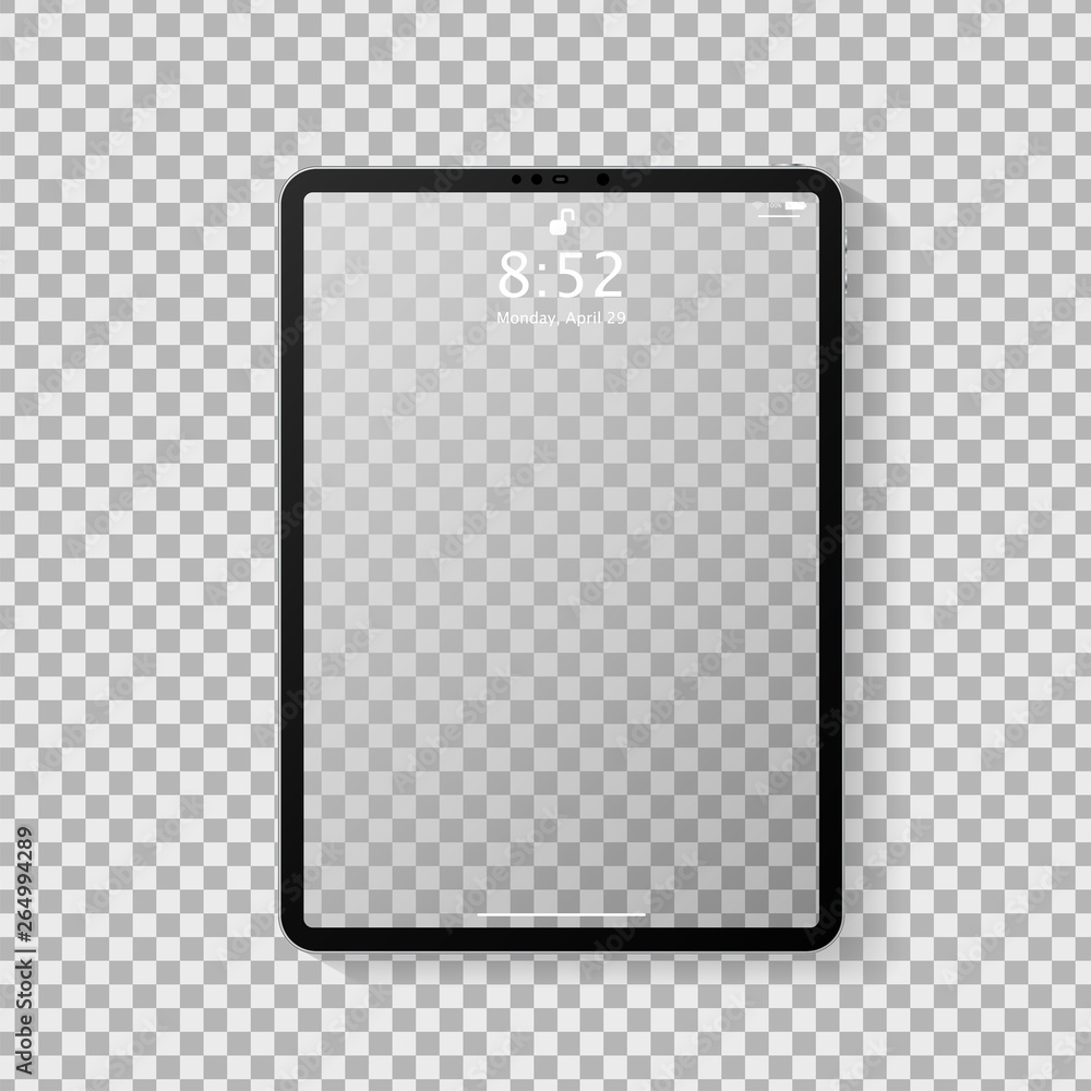 Realistic tablet computer mockup with transparent empty lock screen. Modern tablet PC template design isolated on grey transparent background. Vector Illustration - obrazy, fototapety, plakaty 