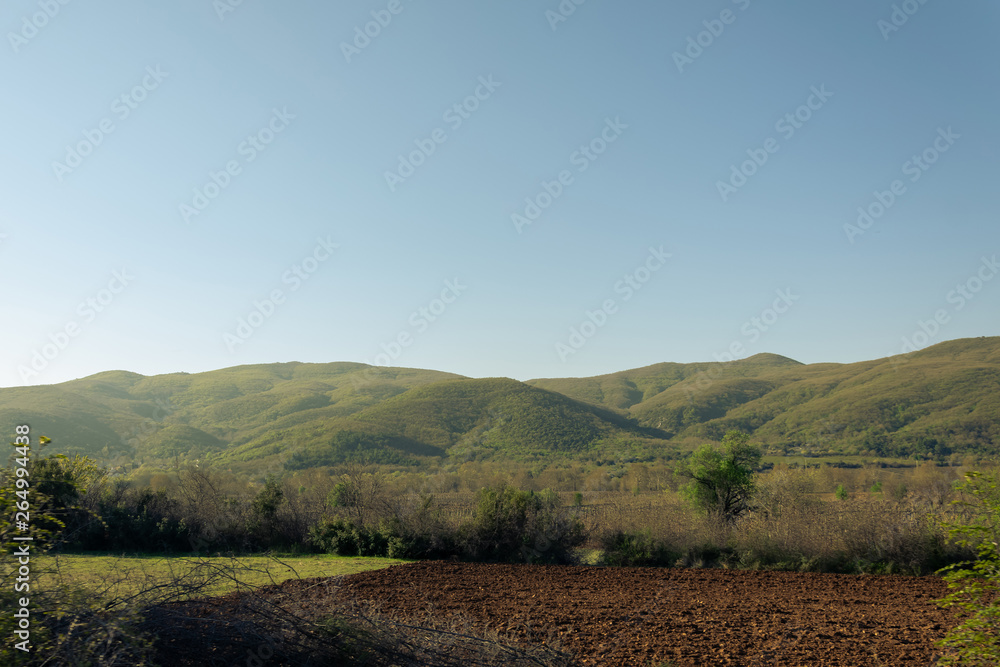 Cultivated field on a background of mountains on a spring sunny day.