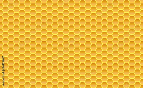 Gold honey hexagonal cells seamless texture. Mosaic or speaker fabric shape pattern. Golden honeyed comb grid texture and geometric hive hexagonal honeycombs. Vector illustration