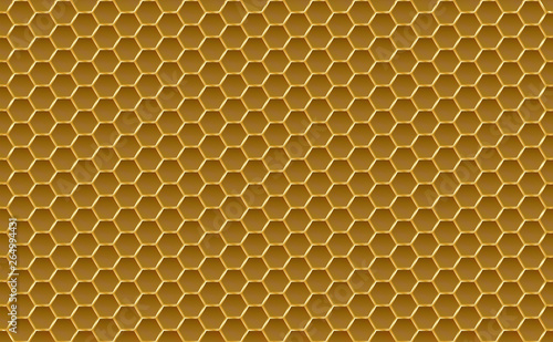 Gold honey hexagonal cells seamless texture. Mosaic or speaker fabric shape pattern. Golden honeyed comb grid texture and geometric hive hexagonal honeycombs. Vector illustration