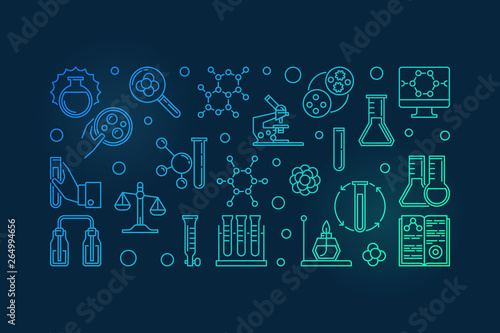 Chemistry Lab Equipment colorful outline horizontal banner - vector Chemistry modern illustration on dark background 