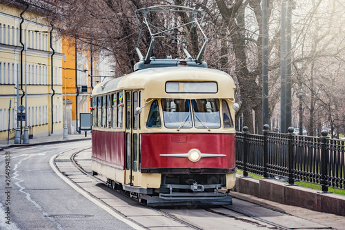 Old vintage tramway cars on the empty city street. Moscow. Russia.