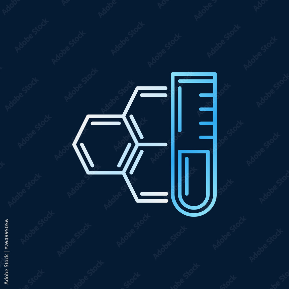Test tube and formula blue outline icon. Vector chemical concept line sign on dark background Test tube and formula blue outline icon. Vector chemical concept line sign on dark background