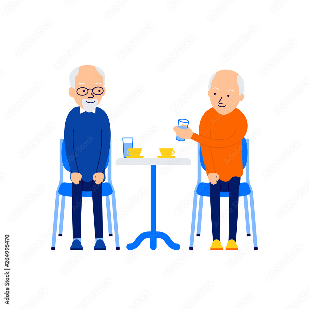 Old man drinking. Men leisure together. Modern caucasian senior drink tea or coffee. Aged friends sitting at table. Celebration concept. Illustration isolated on white background in flat style Old man drinking. Men leisure together. Modern caucasian senior drink tea or coffee. Aged friends sitting at table. Celebration concept. Illustration isolated on white background in flat style
