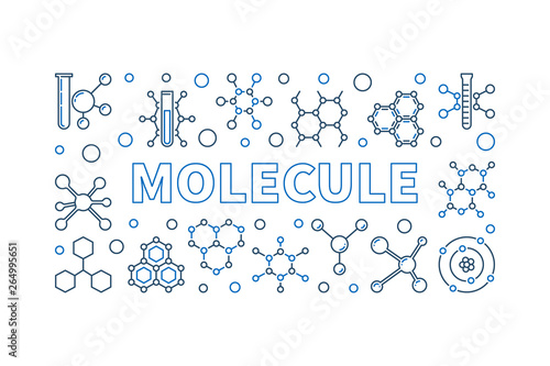 Molecule vector linear horizontal illustration - chemistry concept banner in outlline style