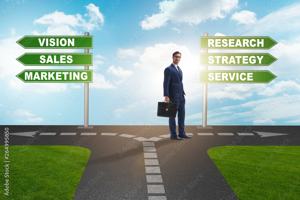 Businessman standing at crossroads of corporate strategy Businessman standing at crossroads of corporate strategy