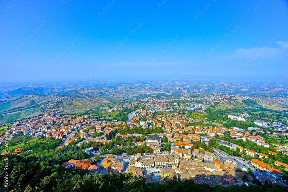View from the Monte Titano overlooking the area of San Marino. The country is situated inside Italy and the fifth smallest country in the world.