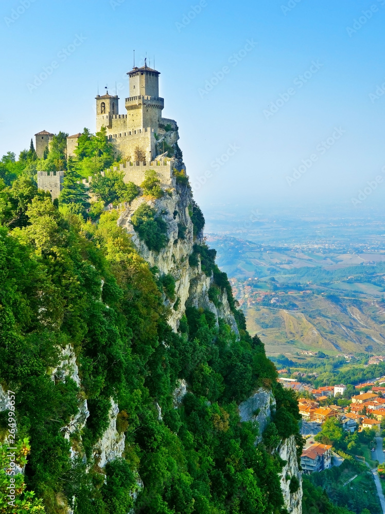 View of the Guaita fortress located on the peak of Monte Titano in San Marino. 