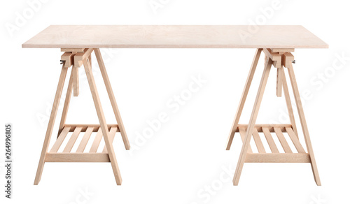 Foto work table, wooden plywood shelf on two trestles, isolated on white background,