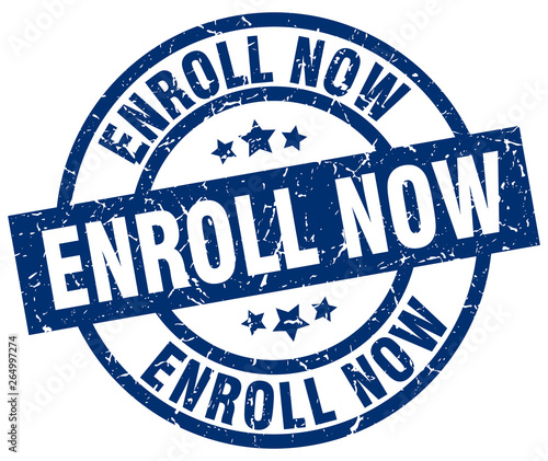 enroll now blue round grunge stamp