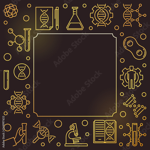 DNA Test square golden concept frame in outline style on dark background. Vector illustration