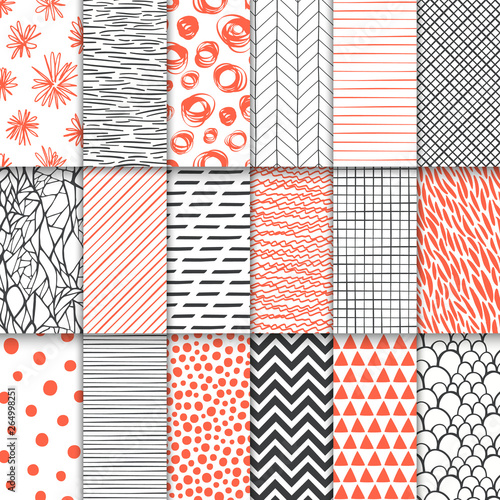 Abstract hand drawn geometric simple minimalistic seamless patterns set. Polka dot, stripes, waves, random symbols textures. Vector illustration