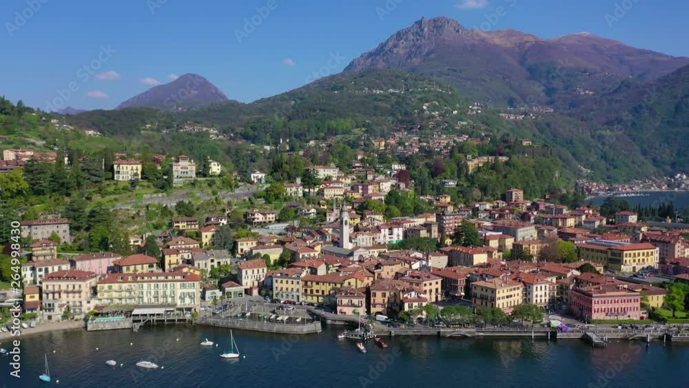 Aerial drone video of iconic village of Menaggio in lake Como one of the most beautiful and deepest in Europe, Lombardy, Italy Aerial drone video of iconic village of Menaggio in lake Como one of the most beautiful and deepest in Europe, Lombardy, Italy