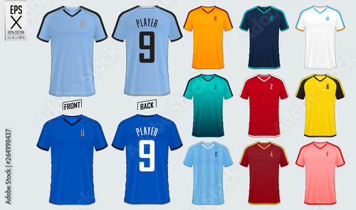 Soccer jersey or football kit mockup template design for sport club. Football t-shirt sport mock up. Front and back view soccer uniform. Flat football logo design. Vector Illustration.