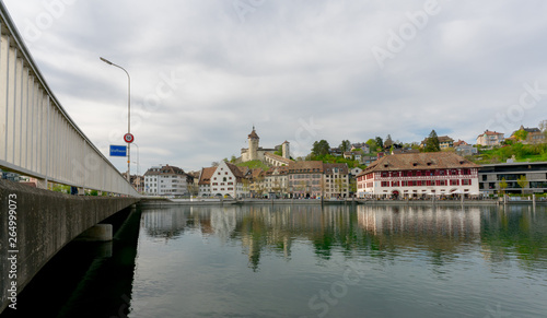 view of the city of Schaffhausen with the bridge across the Rhine and city limits sign