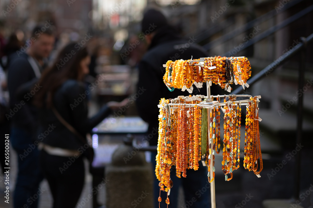 Amber necklaces, sells at Mariacka street in Gdansk, Poland.