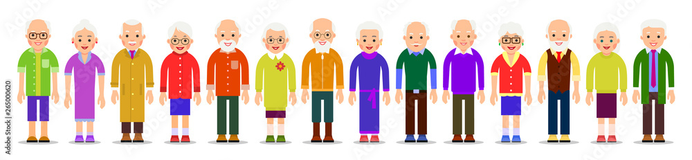 Old people isolated. Elderly man and women isolated in beautiful flat style on white background. Group of happy pensioners. Caucasian couple. Aged smiling grandma and grandpa. Standing adult team Old people isolated. Elderly man and women isolated in beautiful flat style on white background. Group of happy pensioners. Caucasian couple. Aged smiling grandma and grandpa. Standing adult team