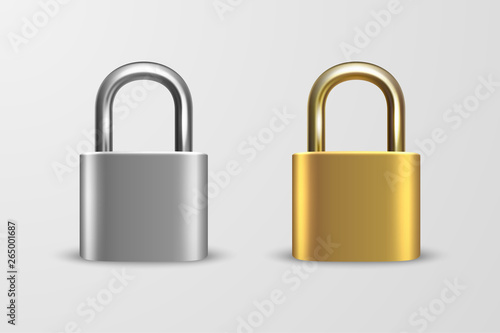 Vector 3d Realistic Closed Metal Golden and Silver Padlock Icon Set Closeup Isolated on White Background. Design Template of Gold, Steel Lock for Protection Privacy, Web and Mobile Apps, Logo